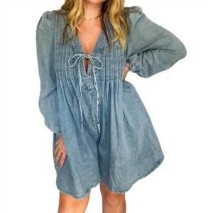 Lalavon Denim Babydoll Mini Dress MEDIUM Jean Western Country Cottage Cotton $72